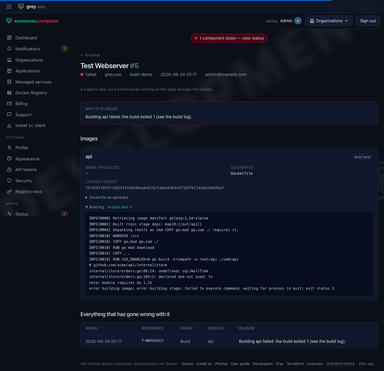 One revision's builds, with the log that explains the failure