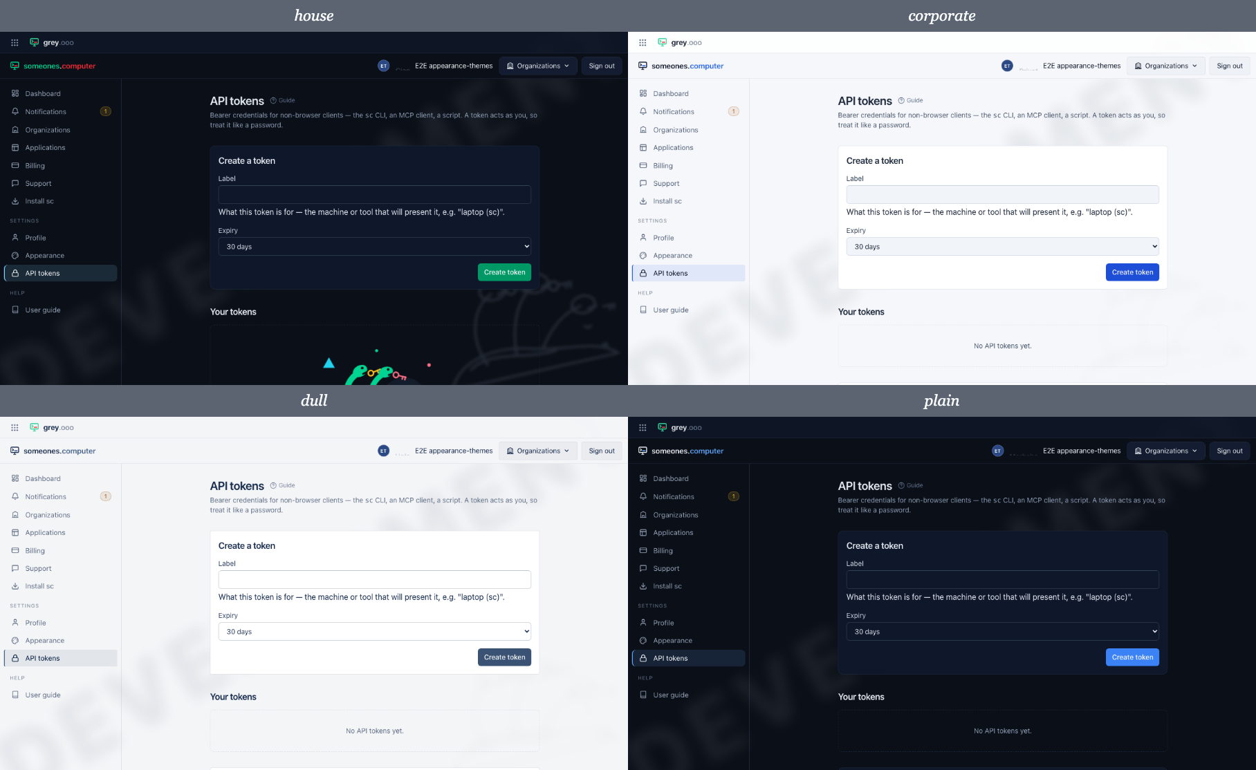 The same page in all five themes