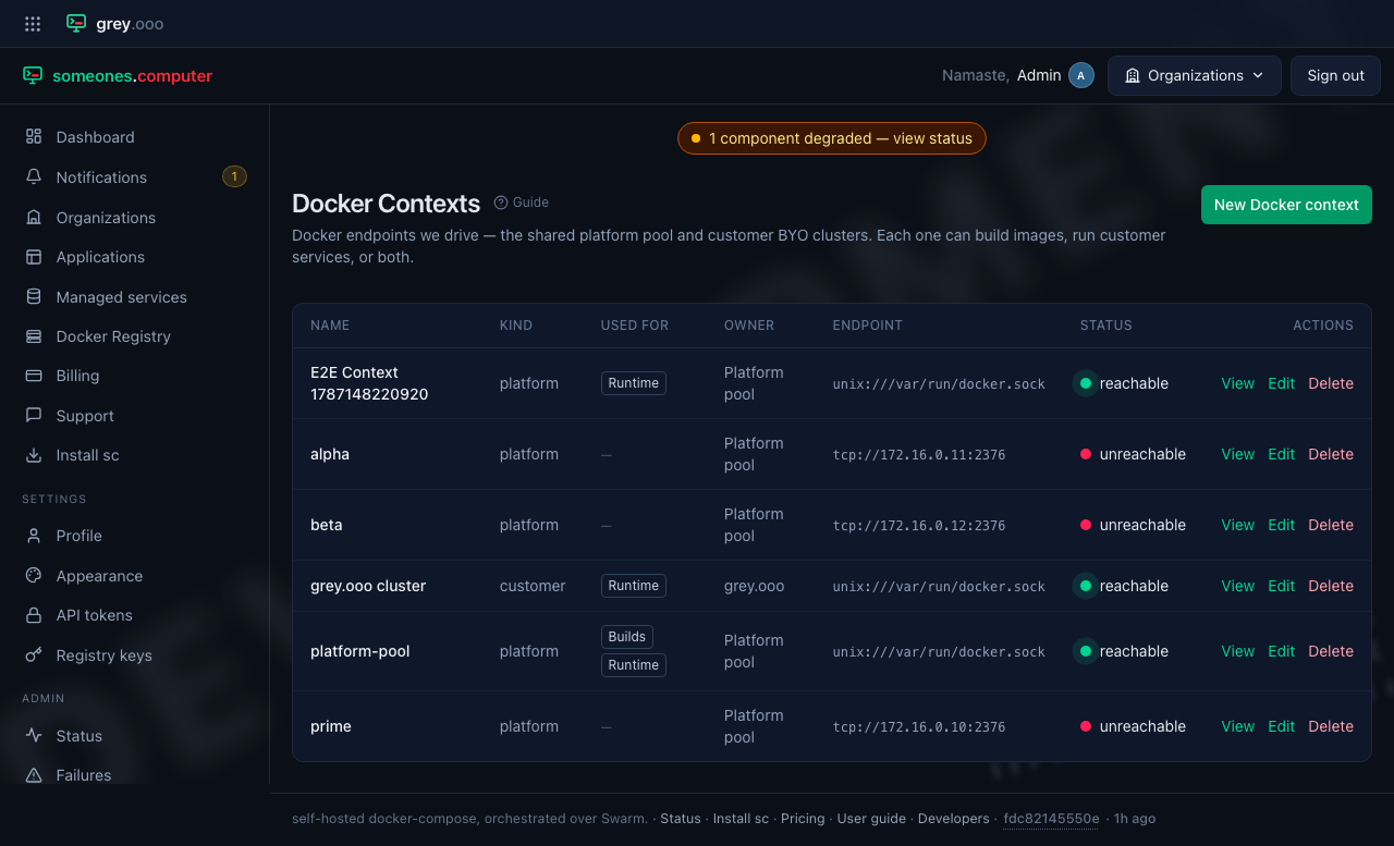The Docker Contexts list, with a "Used for" column showing each context's roles